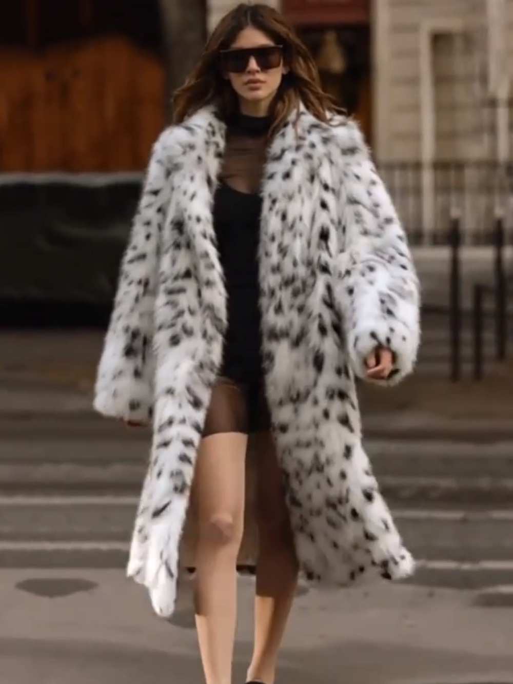 White & Black Spotted Faux Fur Long Coat